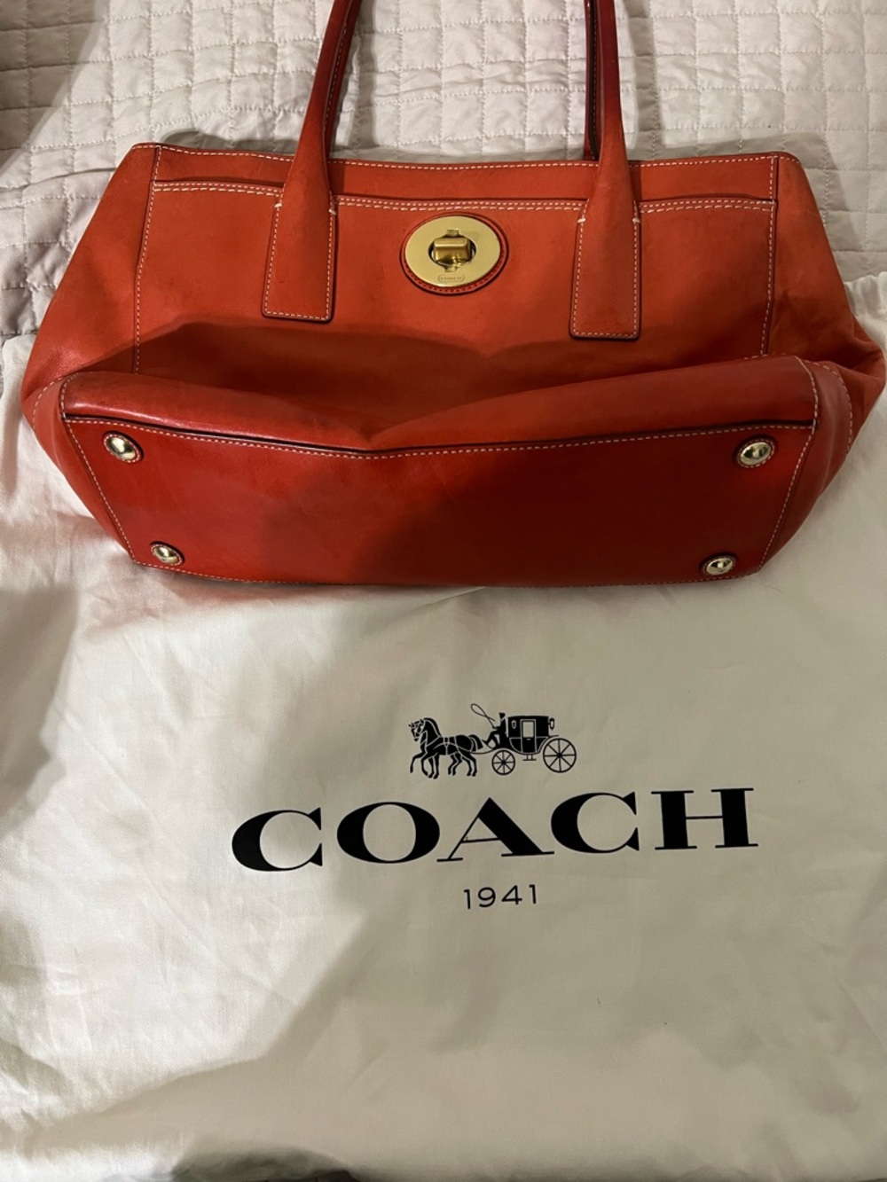 Stunning vintage Coach Orange Leather Shoulder Tote with Gold Turnlock